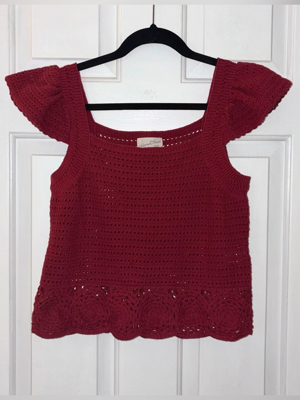 Universal Thread Burgundy Crochet Square-Neck Tank with Flutter Cap Sleeves